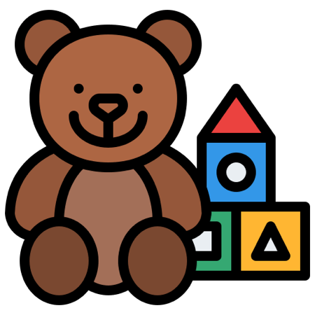 Cartoon image of a teddy bear sitting next to building blocks